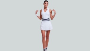 Vestido de tenis para mujer con solapa en contraste y cinturilla a rayas, ropa deportiva ajustada sin mangas de poliéster transpirable, ropa de verano - Product Image 5