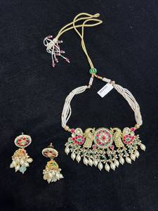 TISHYA DIAMOND Gold Plated Copper Alloy Brilliant Cut Ruby Imitation <b>Pearl</b> Tassel Necklace Earring <b>Set</b> Ethnic Wedding <b>Jewelry</b> - Product Image 2