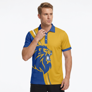 Polo de Manga Corta para Hombre con Estampado de León Amarillo y Azul, Transpirable, de Poliéster Tejido, Corte Regular Informal, con Logotipo Frontal - Product Image 3