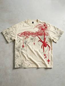 Camiseta de Hombre con Bordado Floral, Manga Corta, Cuello Redondo, Estilo Gótico, Diseño de Telaraña 3D, Detalle Rojo, Corte Regular, Algodón Tejido - Product Image 1