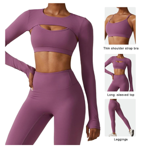 Vêtements de yoga pour femmes, tendance, nouvelle arrivée, qualité supérieure, sexy, ajustés, 3 pièces, ensembles de fitness pour la salle de sport, avec logo et couleur personnalisés - Product Image 2