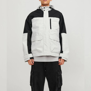 <b>Men's</b> Hooded Color Blocking Waterproof <b>Puffer</b> <b>Jacket</b> Regular Fit Black <b>White</b> PU Coated Outdoor Sporty Style Zipper Closure - Product Image 3