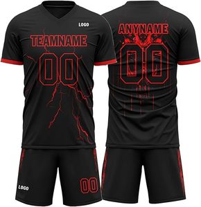 ชุดเสื้อฟุตบอลผู้ชายสั่งทำพิเศษ สีดำแดง ไซส์ใหญ่ โลโก้ด้านหน้า ระบายอากาศได้ดี ซับเหงื่อ โพลีเอสเตอร์/คอตตอน แขนสั้น - Product Image 1
