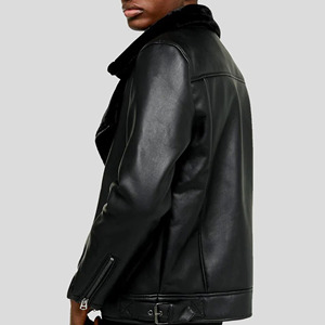 Chaqueta de Cuero Genuino Negra Personalizada para Hombre, con Cuello de Piel Sintética, Estilo Motero, Abrigo Grueso de Invierno, Cálido y Suave, de Piel de Oveja - Product Image 2
