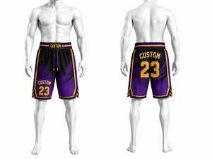 Pantalones Cortos de Baloncesto Personalizados para Hombre, Color Morado, Negro y Dorado, con Estampado por Sublimación, Cintura con Cordón Ajustable, Longitud Media, Ropa Deportiva, Suministro al por Mayor - Product Image 1