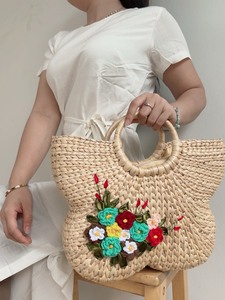 Elegante Bolso de Jacinto de Agua Tejido a Mano con Dos Aberturas, Decoración Floral, Ecológico, para Citas, Playa, Uso Casual al Aire Libre - Product Image 1