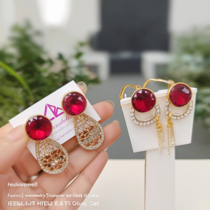 Fashion Jewelry Set Designer Red Stud Earrings & Golden Earrings Combo - Product Image 3
