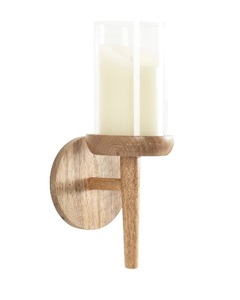 Applique murale moderne en bois Shae de 13 pouces, porte-bougie rustique en bois naturel avec cylindre en verre amovible pour bougies sans flamme - Product Image 1