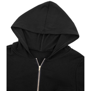 Haut court à capuche en maille noire pour femme, manches longues, fermeture éclair, couleur unie, respirant, pour l'automne, pull à manches longues OEM ODM - Product Image 6