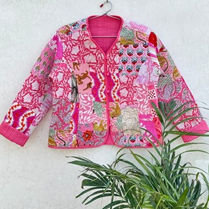 Pink Quilted Jacket Women's Full Sleeve V-Neck Printed <b>Cardigan</b> Spring Outerwear Full Sleeve Eco Friendly Outerwear - Product Image 1