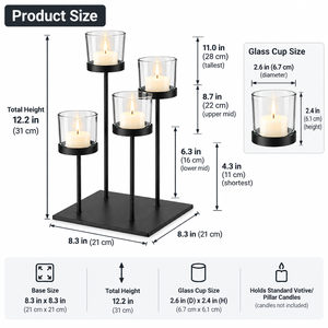 Modern Black Metal Candle <b>Holder</b> Set 4 Glass <b>Tealight</b> <b>Holders</b> Square Base Tabletop Home Decoration Minimalist Design - Product Image 4