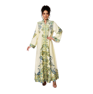 Robe Kaftan Élégante Broderie Florale Manches Longues Coupe Ample Longueur Ras du Sol Col Mandarin Tenue Décontractée Toutes Saisons Vêtements Femme - Product Image 3