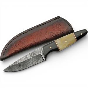 Couteau de chasse et de camping artisanal en acier Damas, lame fixe, bolster en Damas, manche en os de chameau, 8 pouces de longueur totale, DIY, OEM disponible - Product Image 1