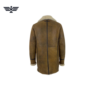 <b>Men's</b> Long <b>Double</b> <b>Breasted</b> Genuine Leather <b>Overcoat</b> Faux Fur Lining Windproof Vintage Winter Coat Front Logo Brown Regular Fit - Product Image 2