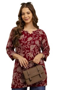 <b>Women's</b> Maroon Floral Discharge Printed Cotton <b>Kurta</b> Regular Fit Regular Length Casual Ethnic Modern Summer Wear Quick Dry Sun - Product Image 4