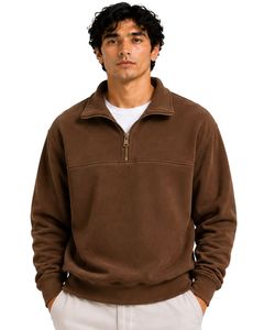 Brown Men Oversized Quarter Zip Sweatshirt Pullover Fleece Cotton Polyester Casual Winter Sweatshirt With <b>Stand</b> Collar Zip Neck - Product Image 1