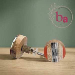 Resin Wood Brass Cabinet Knobs Natural Grain Red Accents Modern Design Eco-Friendly Easy Installation for Drawers Cabinets - Product Image 1