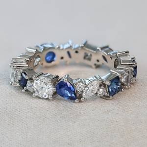 Sapphire & White Multi Shapes Cut Moissanite Gemstone Eternity Band <b>Ring</b> 925 Silver <b>Proposal</b> Gift For Engagement Party Charm - Product Image 5