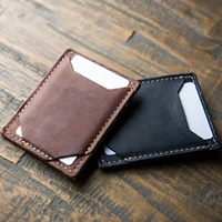 Dompet Kulit Tipis Pria Minimalis Full Grain Vintage Tempat Kartu Kredit Saku Depan Berkualitas Tinggi Warna Polos Custom