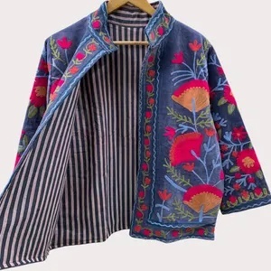Veste en velours brodée de fleurs bohèmes, coupe-vent et respirante, manteau Suzani, manteau court en tricot d'hiver - Product Image 2