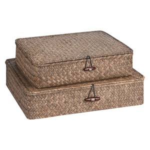 Ensemble de 2 paniers de rangement plats en jonc de mer avec couvercle, paniers de rangement faits à la main, vente en gros, écologiques, fabriqués au Vietnam - Product Image 2