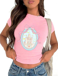 Pink <b>Women's</b> Short Sleeve Tank <b>Tops</b> with Solid <b>Mesh</b> Decoration Crew Neck Breathable 100% Cotton Formal Knitted T-Shirt - Product Image 1
