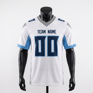 Maillot de football américain personnalisé pour hommes, blanc et bleu, col en V, manches courtes, évacuation de l'humidité, impression par sublimation, nom de l'équipe 00 - Product Image 1