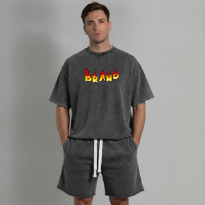 Best Quality Regular Cotton Fleece T-Shirt Shorts <b>Set</b> Crew Neck Solid Drop Shoulder Summer Casual Wear Breathable Printed - Product Image 4