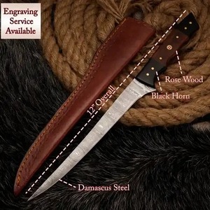 Cuchillo de filetear de 12 pulgadas hecho a mano de acero de Damasco con hoja dentada de punta caída, mango de madera y hueso, con funda de cuero - Product Image 5