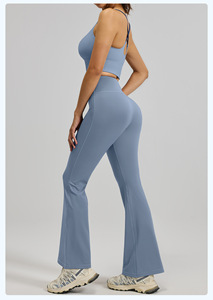 New Top Quality Women's Solid High Waist <b>Flared</b> Leg Yoga <b>Leggings</b> Full Length Seamless Elastic Waist Gray Spandex Polyester - Product Image 4