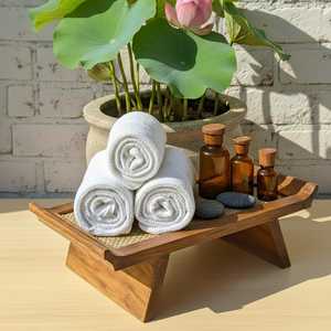 Plateau de service rectangulaire en bois et bambou tressé, fait main et peint à la main, design rustique asiatique zen, compatible lave-vaisselle, idéal pour les fêtes - Product Image 3