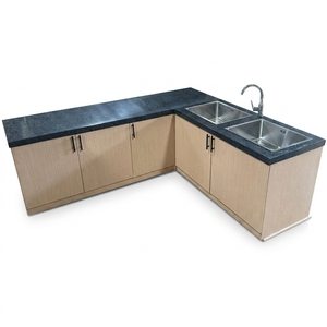 Muebles de Cocina Modulares Modernos de Madera en Forma de L con Encimera de Cuarzo Negro, Fregadero Doble, Base y Isla - Product Image 1
