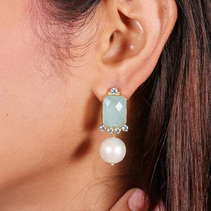 Wholesale Price Chalcedony, Pearl and Blue Topaz Gold plated brass <b>earrings</b>, Statement everyday wear jewelry - Product Image 3