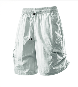 Shorts cargo gris clair pour hommes, séchage rapide, taille à cordon, décontractés, longueur Bermuda, taille mi-haute, en polyester tissé - Product Image 1