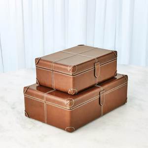 Classic Leather <b>Storage</b> <b>Box</b> Rectangle With Lid Hinged Design Beige Brown <b>Stackable</b> Organizer <b>Box</b> Hampers - Product Image 1