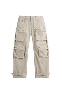 Pantalones Cargo Color Caqui para Hombre, Cintura Alta, Múltiples Bolsillos, Material de Lona, Estilo Workwear, Corte Recto, para Otoño - Product Image 4