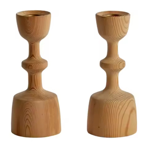 Ensemble de deux porte-bougies en bois, forme conique, finition naturelle, décoration d'intérieur, porte-bougies vintage - Product Image 1