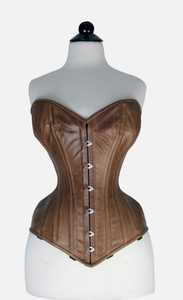 Women Leather Tan Light Brown Over Bust <b>Corset</b> Front Steel Busk Closure With Metal Hook-and-Eye Design <b>Shapewear</b> Steel Boned - Product Image 2