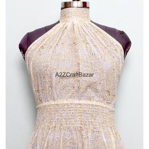 Robe longue vintage en pur coton pour femme, col halter, manches tombantes, silhouette trapèze, imprimé artisanal, robe de soirée décontractée et ample - Product Image 2
