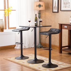 Belham <b>Adjustable</b> Height Metal Bar Table <b>Square</b> Top with Black Leg Base & 2 Swivel Bonded Leather Seats Black Furniture Set - Product Image 1