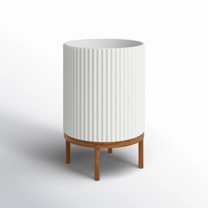 Pot de fleurs en céramique blanche minimaliste avec support en bois, jardinière pour plantes d'intérieur, design côtelé, finition émaillée - Product Image 1