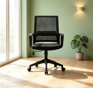 Chaise de bureau ergonomique moderne en maille avec accoudoirs fixes, dossier ouvert, base en plastique, réglage manuel, appui-tête intégré, pour bureau à domicile - Product Image 1
