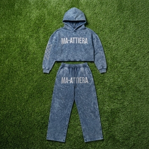 Custom <b>Women</b> Acid Wash Blue Gray Cropped Hoodie <b>Jogger</b> Set Cotton <b>Fleece</b> Streetwear Tracksuit OEM Wholesale - Product Image 6