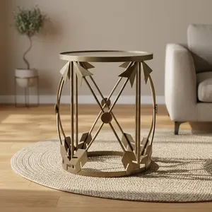 Modern Round Brass <b>side</b> <b>Table</b> with Arrow Design Contemporary Living Room Accent Furniture - Product Image 3