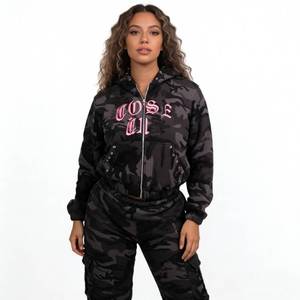 Sudadera con Capucha de Camuflaje para Mujer, Color Rosa, con Estampado de Letras, Manga Larga, Cierre Frontal, Transpirable, de Poliéster Tejido, Estilo Hip Hop, para Otoño - Product Image 5