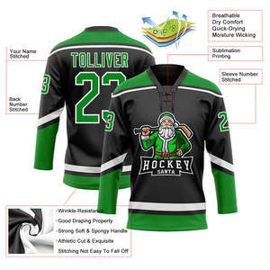 Camiseta de Hockey sobre Hielo Personalizada Hockey Santa, Verde y Negra, Cuello en V, Impresión Sublimada, Unisex para Adultos, Manga Tres Cuartos, Malla de Poliéster - Product Image 3