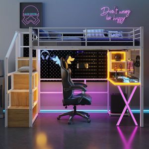 Twin Size Metal Loft Bed with LED White <b>Work</b> <b>Station</b> Built-In Wardrobe and Storage Staircase - Product Image 1