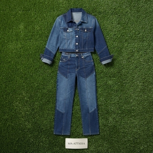 Women Blue Denim Cropped Jacket Patchwork Jeans Set High Waist Wide Leg <b>Pants</b> Two Piece Casual Denim Outfit Wholesale - Product Image 6