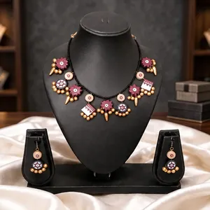 Folk Art <b>Sewing</b> Textile Necklace and Earring Set Painted Floral Wedding Statement Jewelry for Women Gifts - Product Image 1
