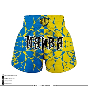 Shorts de Muay Thai MAWRA bleu électrique et jaune, imprimé verre brisé, sublimation personnalisée professionnelle pour le kickboxing et le MMA, 100% sublimation sur le devant - Product Image 5
